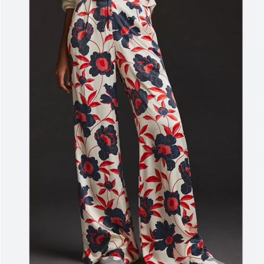 Corey Lynn Calter Wide-Leg Floral Pants in Red, Navy & Cream
